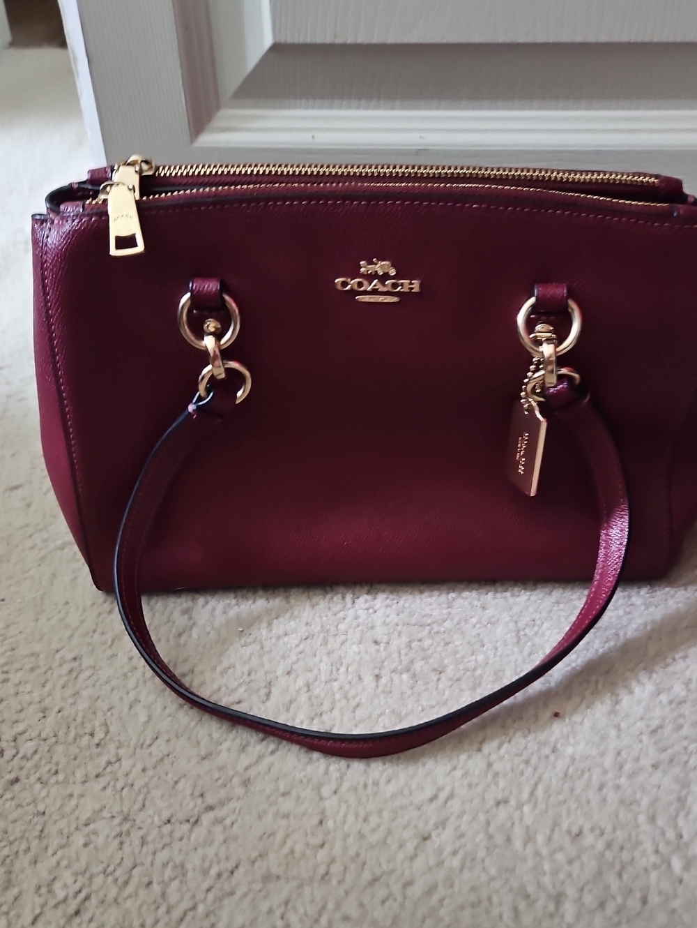Coach Burgundy Leather Double-Zip Shoulder Bag with Gold Hardware